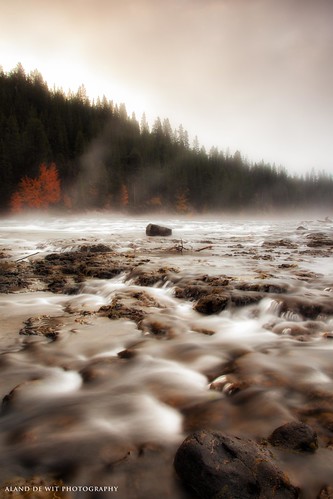 longexposure usa mist tree sunrise landscape rocks autumncolors wyoming runningwater goldenhour yellowstoneriver yellowstonenp leendsoft09