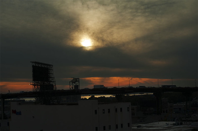 Sun sets over Gowanus Brooklyn, New York, USA