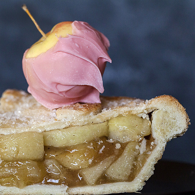 apple pie topped with pink candy apple: food photo by Jackie Alpers