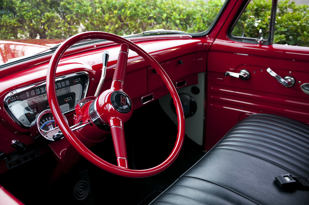 1955 Ford F100 Pickup - maroon - cab interior --- Donut Derelicts 030.
