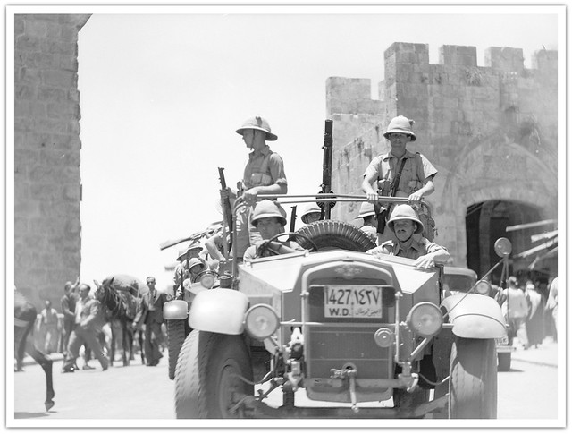 British soldiers ( 2nd Battalion Black Watch Regiment   ? )  & Morris Commercial vehicle   at Jaffa Gate July 13, 1938