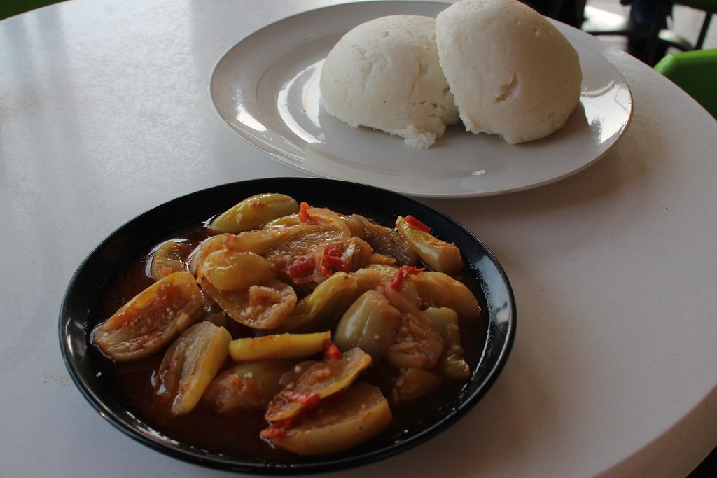 Zambian food: Nshima & vegetable stew.