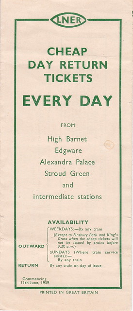 London & North Eastern Railway - Cheap Day Return tickets from High Barnet & Edgware branch stations, 11 June 1939