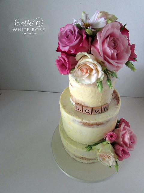 Semi-Naked Three Tier Cake with Fresh Flowers and LOVE Scrabble letters
