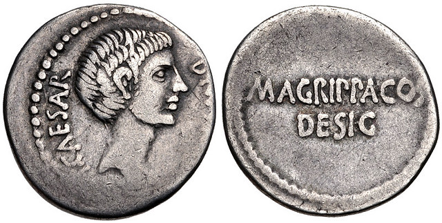 The Triumvirs. Octavian and Agrippa. 38 BC. AR Denarius (17.5mm, 3.35 g, 6h). Military mint travelling with Agrippa in Gaul or with Octavian in Italy. Bare head of Octavian right, wearing slight beard / M•AGRIPPA COS/ DESIG in two lines across field. Craw