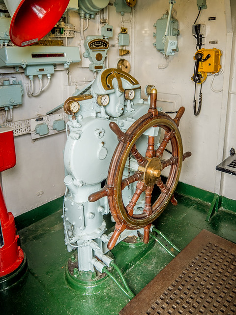 The wheelhouse of HMS Cavalier,  the world's last surviving WWII destroyer