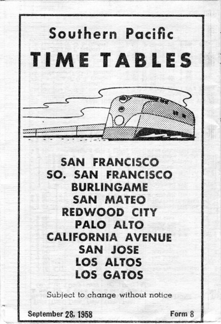 1958 San Francisco - San Jose Passenger Time Tables Folded Front
