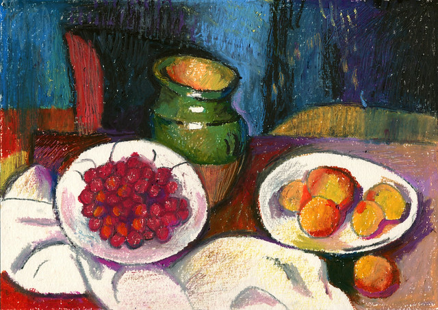 After Cezanne, Still life with a plate of cherries, oil pastel on paper