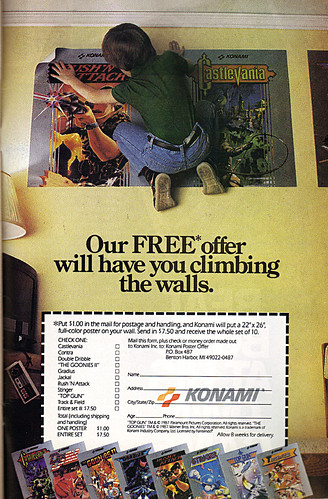 KONAMI :: "Our FREE* offer will have you climbing the walls." ; ..poster offer (( 1987 )) by tOkKa