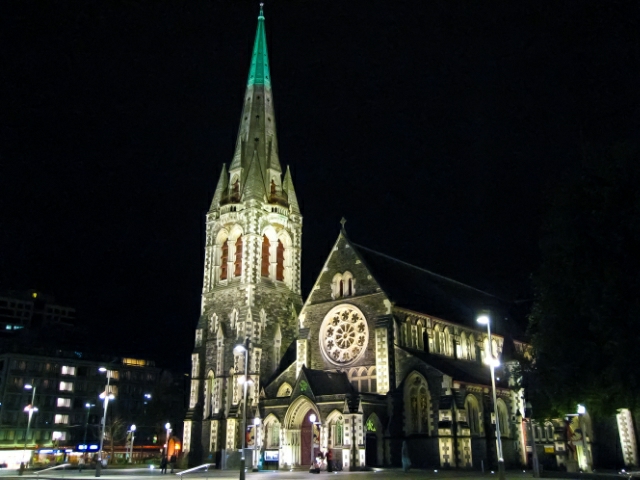 Sad tribute - Christchurch Cathedral at night, New Zealand