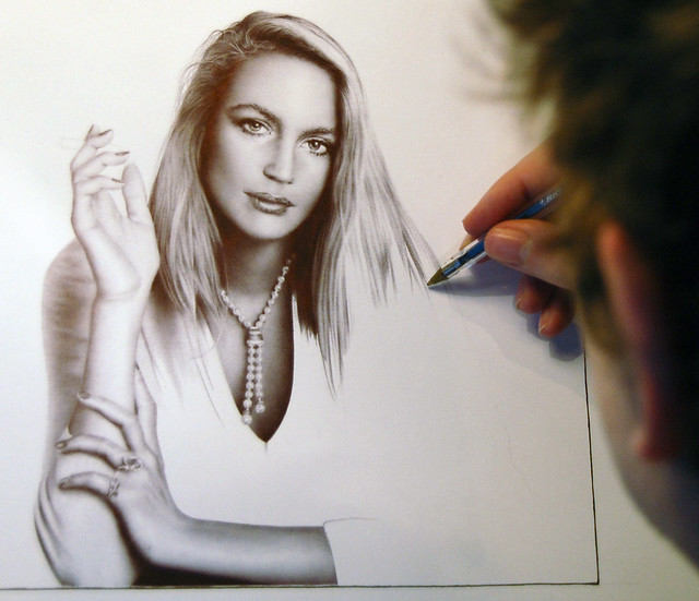 Drawing Jerry Hall in ballpoint pen