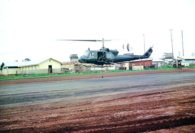 One of the gunships of the 155th leaving from the city strip.