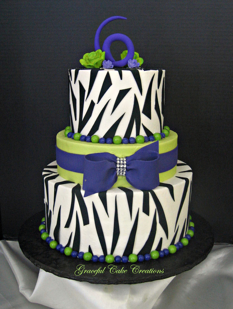 Lime Green, Purple And Zebra Print Birthday Cake