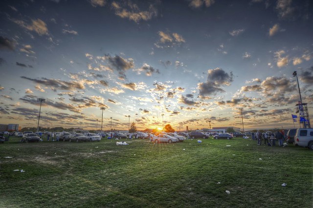 The sun sets over tailgating at Beaver Stadium on the Penn State campus HDR