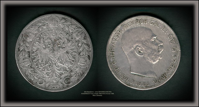 5693 Medallions - coins ÖSTERREICHISCHES KAISERREICH Franz Joseph 1848-1916 5 Kronen 1909, Wien; Schwartz. Kod Anđelke bio