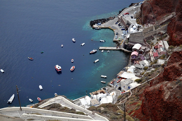 Overview of Amoudi Bay at Santorini, Greece.