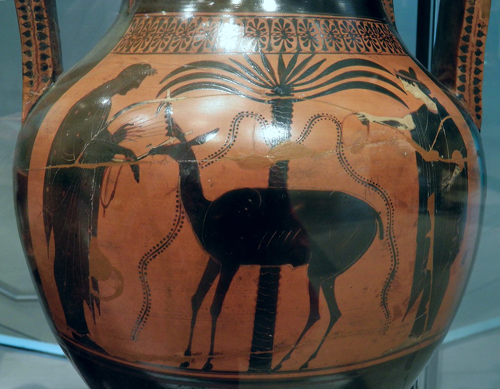 Athenian black-figure pottery amphora, Apollo and Leto standing with a palm tree and a deer: personifications of Apollo and his sister Artemis, Ashmolean Museum