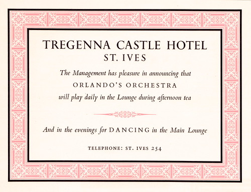 British Transport Commission - Tregenna Castle Hotel, St. Ives, Cornwall - information card for Orlando's Orchestra, c1955