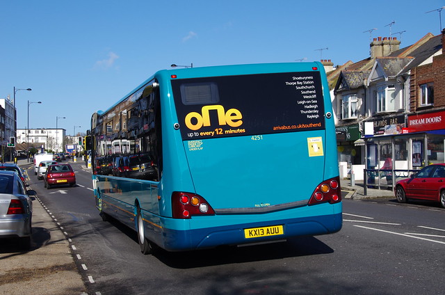 Brand new Arriva Southend Optare Versa 4251, KX13 AUU on its first morning in service, 20 April 2013, with no name and no rear pictorial