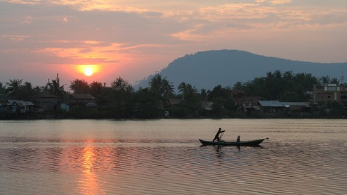 sunset water silhouette rural river boat asia cambodia southeastasia kampot