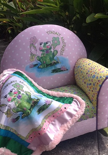 Matching silky blanket and Upholstered Rocker ..Francine La Froggie by Rosanna Hope for babybonbons