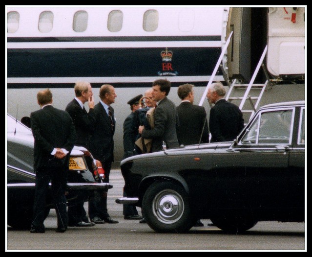 HRH Prince Philip boarding the Queens Flight BAE 146 ZE700 at the Farnborough Airshow 1986