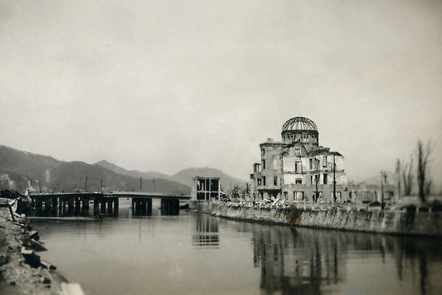 The remains of the Prefectural Industry Promotion Building & Aioi-bashi Bridge After August 6th 1945 A Bomb Attack on Hiroshima - Photo taken 5th April 1946