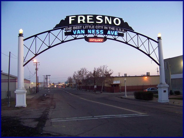 Fresno Welcome Arch over Van Ness Avenue , Fresno ,Ca. this was the main route into town when the arch was built in 1917. Now it's a hard-to -find back route into the warehouse district.