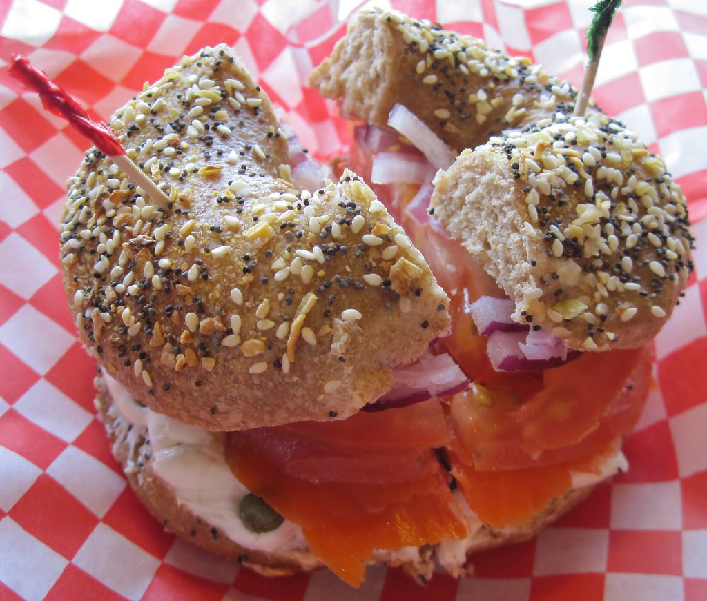 Wheat works bagel w/ light plain cream cheese, lox, onions, tomatoes & capers, from Bagel Works