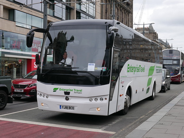 Enterprise Travel of Darlington Temsa HD12RHD YJ18BCO at Princes Street, Edinburgh, on 17 July 2018.