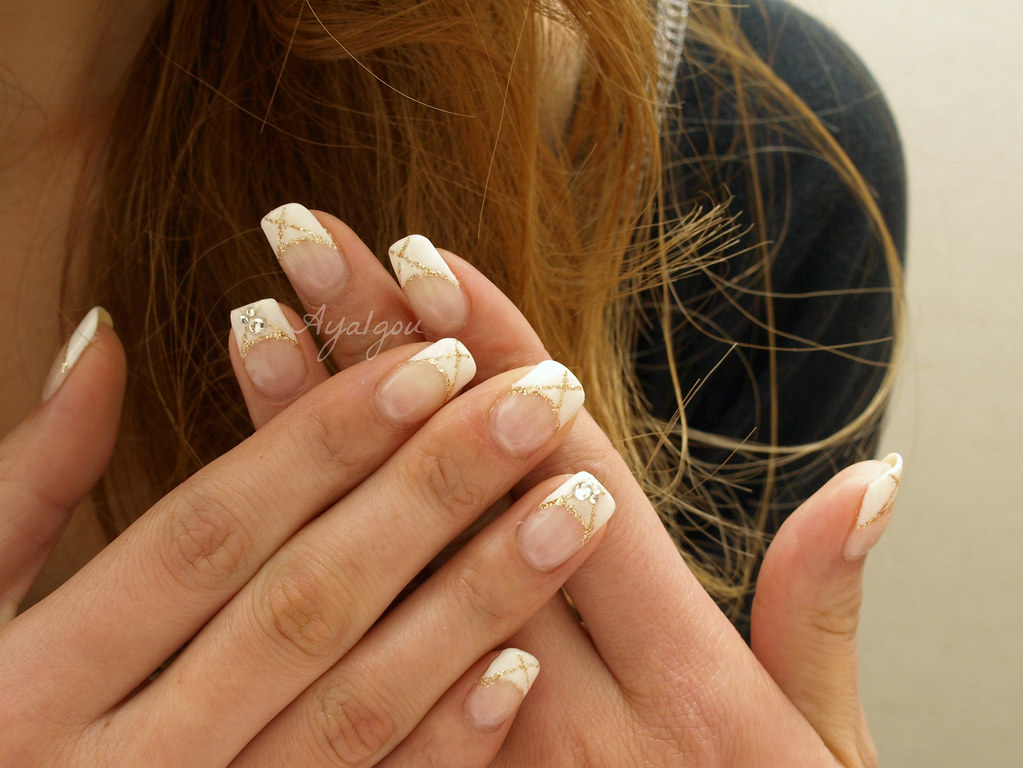 White french nails with gold lines | My client Her own nails… | Flickr