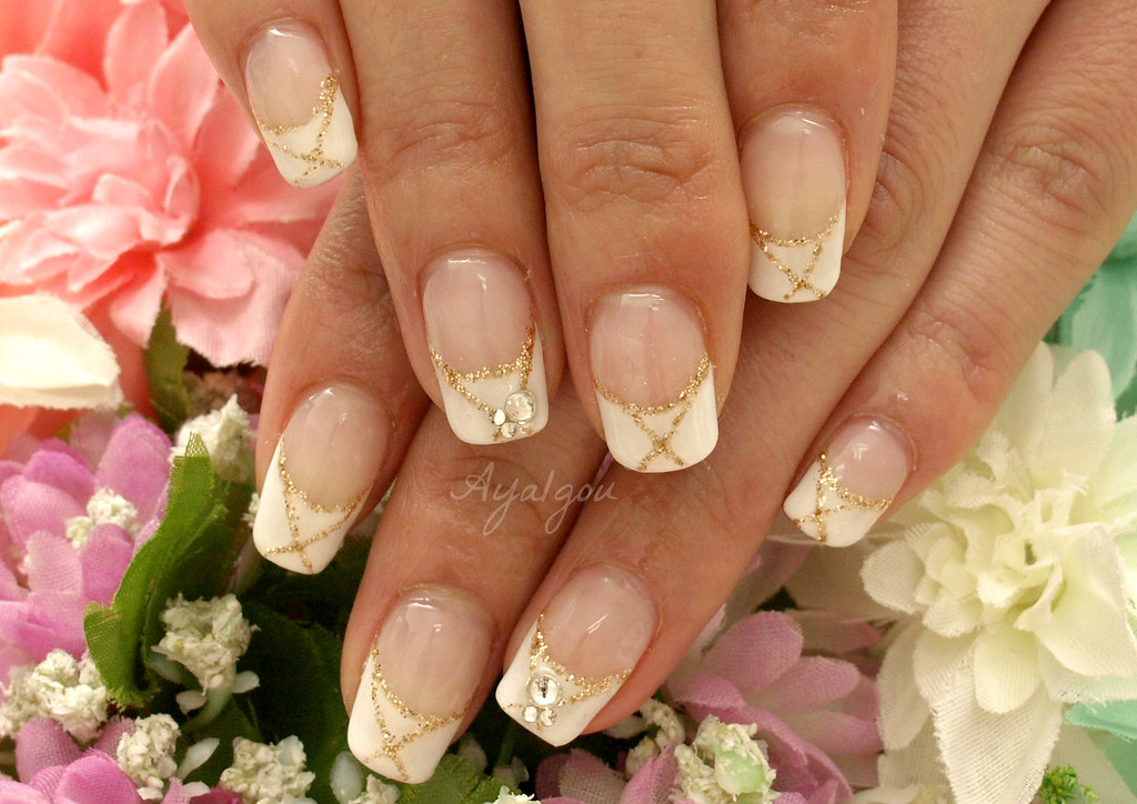 French nails with gold lines and gems, My client Her own na…