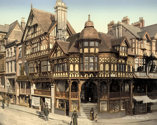 Digital Pastel and Pencil Drawing of the Chester Rows in Chester, England by Charles W. Bailey, Jr.