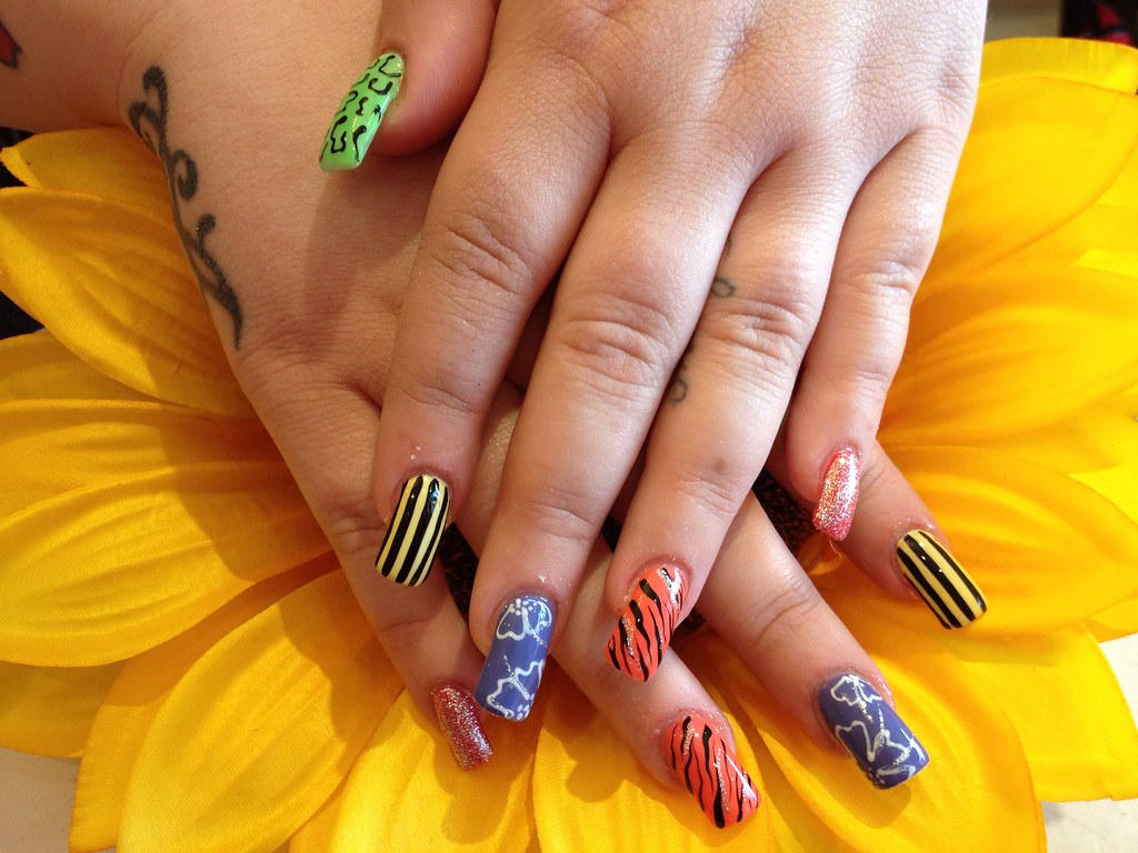 Acrylic nails with multi coloured nail art | Nic Senior | Flickr