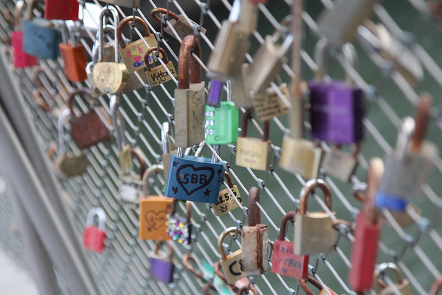 Love locks at the Hauptbrücke / Main bridge in Graz, Austria