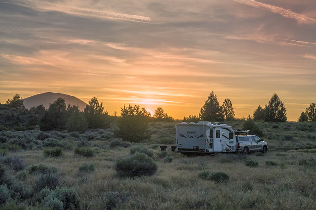 Sunset over trailer near Lava Beds NM-05 5-26-18