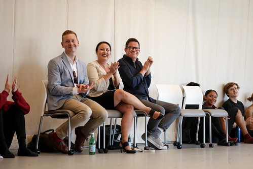 Choreographer Sir Matthew Bourne and Re:Bourne's executive director James Mackenzie-Blackman watch a studio showing and participate in a discussion with BFA students, moderated by Vice Dean Jodie Gates.