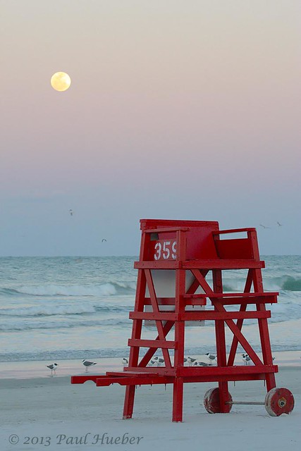 Lifeguard chair and moon rise - Daytona Beach, Florida