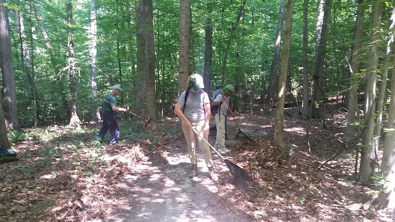 Three people raking leaves off a hiking trail in the woods.