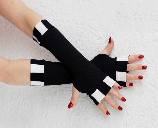 Cozy Black and White striped arm warmers fingerless gloves