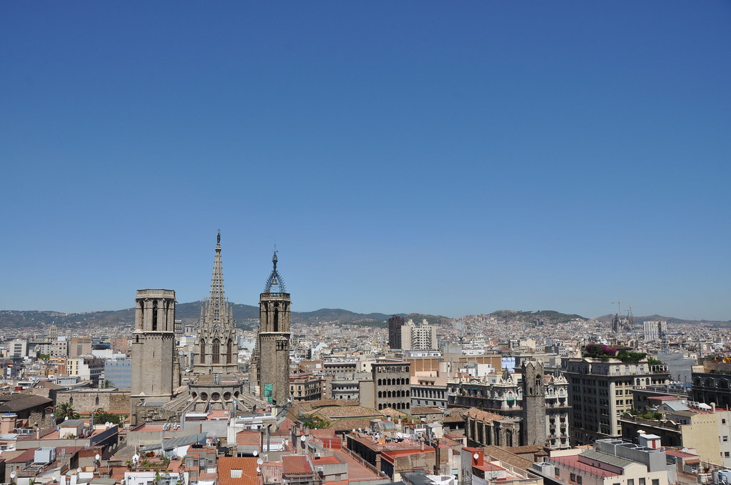 Barcelona. Cathedral church of the Holy Cross and Saint Eulalia outstanding in the middle of the Gothic Quarter. Seen from the belltower of the Sants Just i Pastor basilica.