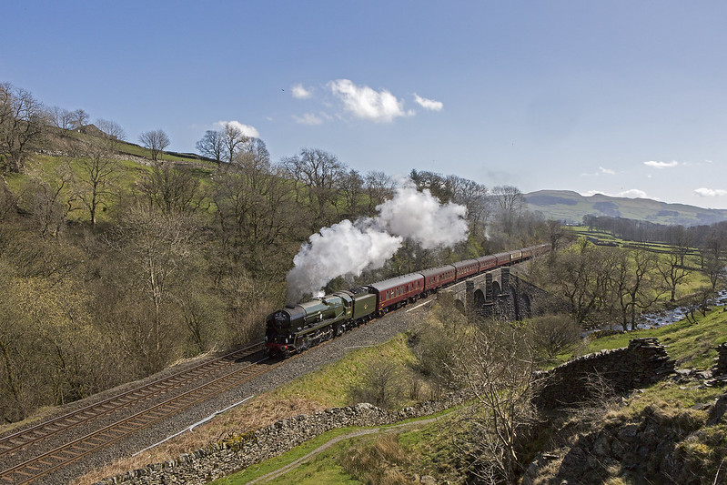 with the third leg of the Great Britain railtour SR Pacific 35018 British India Line makes good progress on the climb from Settle junction at Sherriffs Brow on Friday 20th April 2018.  Driver Mick Rawling assisted by his fireman Frank Chippendale.