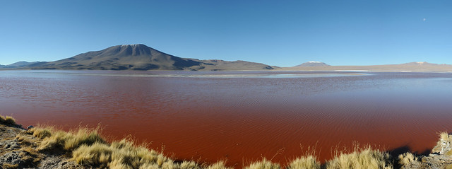 Volcano at the shore of the red lagoon, Bolivia Highlands