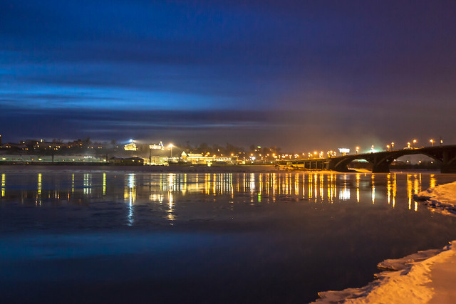 Night view of the bridge over Angara river in Irkutsk