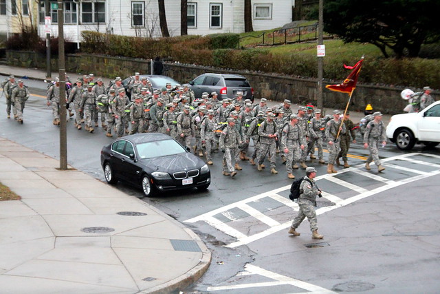 Massachusetts Nation Guard troops marching to Children's Hospital
