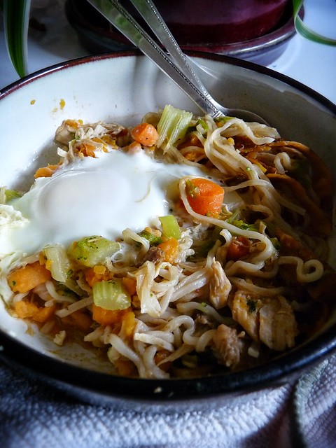 Flu-Remedy: Homemade Shredded Chicken Ramen Noodle Soup with Sweet Potatoes, Celery, Carrots and an Over-Easy Egg