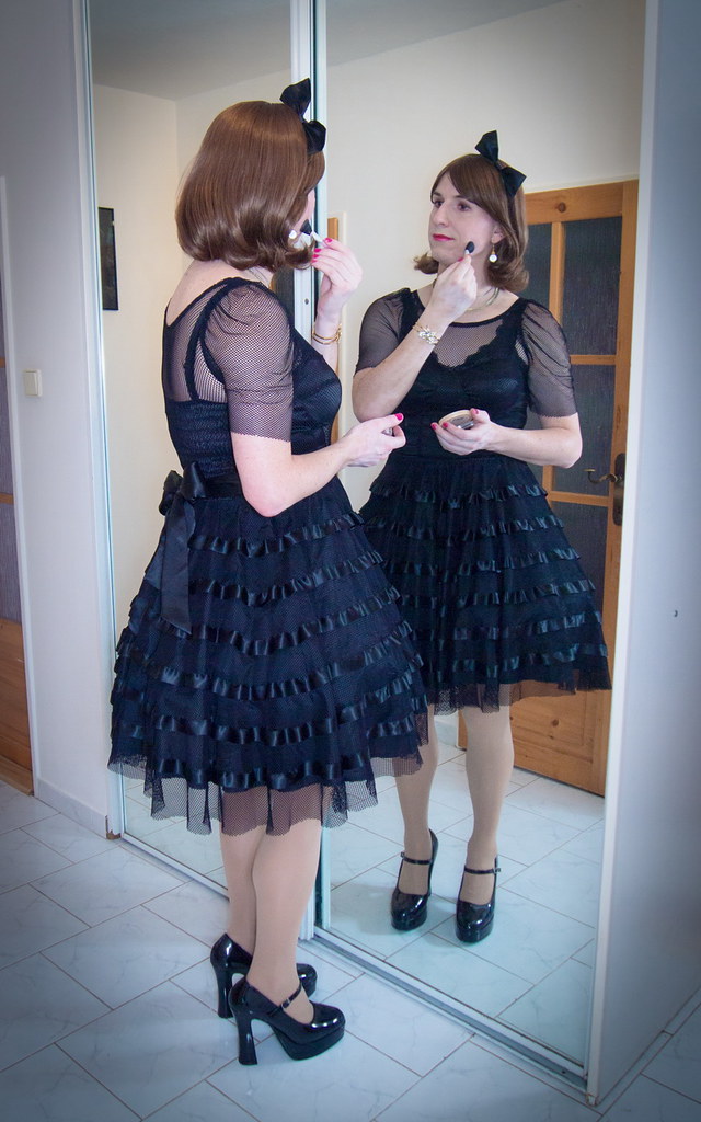 hellbunny, black, dress, petticoat, fishnet, mirror, tgirl, crossdresser, c...