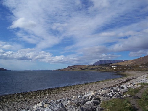 macbrayne ferry horizon ben mor coigach shore curve ullapool west coast scotland clouds distance water sky weather april allanmaciver caledonian