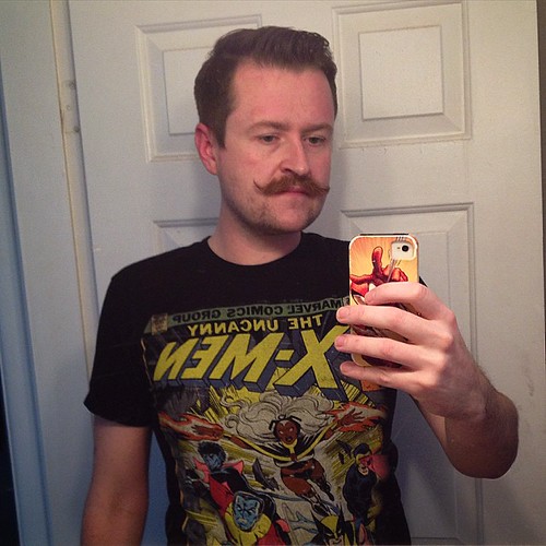 Sorry about the man selfie but i just had to show the mustache progress.  #sorrynotsorry #manselfie #mustache #xmen #marvel #marvelcomics #tshirt #colosus #storm #wolverine #nightcrawler #cyclops #spiderman #GEEKTAK #geek #nerd #comic #comics #comicbooks | by mtyess