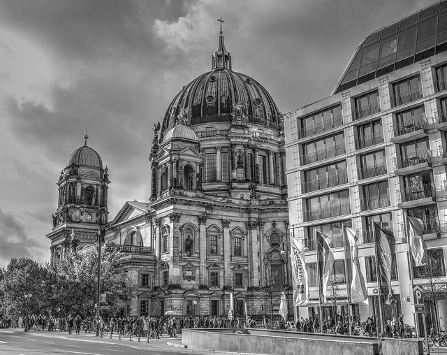 Berlin Cathedral. German Berliner Dom. A famous landmark on the Museum Island in Mitte, Berlin, Germany. B&W.